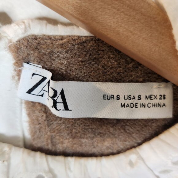 Zara Combination Wool Blend Sweater Brown Collared Lace Small - Picture 5 of 8